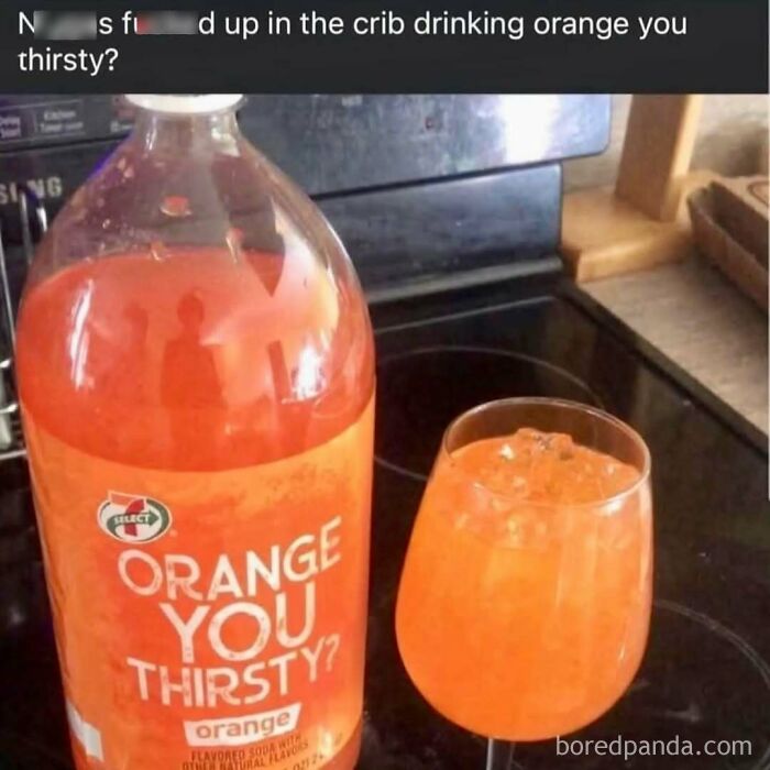 A 7-Eleven Orange You Thirsty soda bottle and glass, seen in viral funny memes