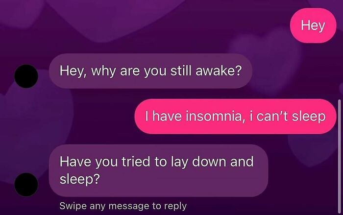 A screenshot of a message exchange about insomnia, reflecting the internet at its strangest and most unfiltered.