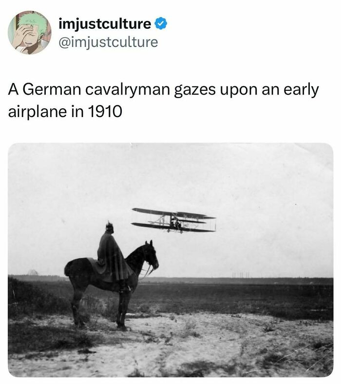 A black and white photo of a German cavalryman on horseback observing an early airplane flying, for Imjustculture-Posts.