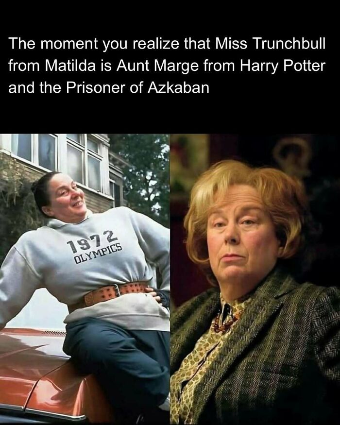 Side-by-side nostalgic pics of Pam Ferris as Miss Trunchbull and Aunt Marge.