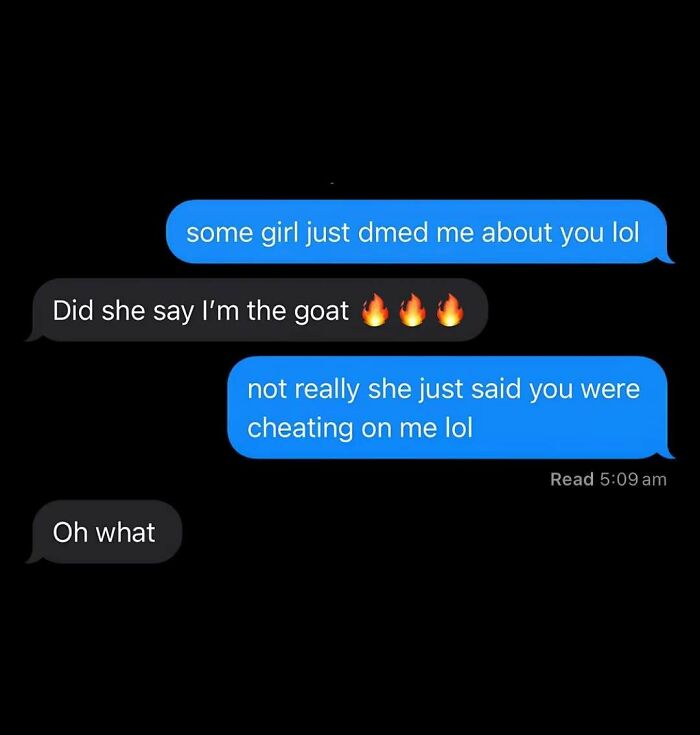 A screenshot of a text conversation about cheating, capturing the internet at its strangest.