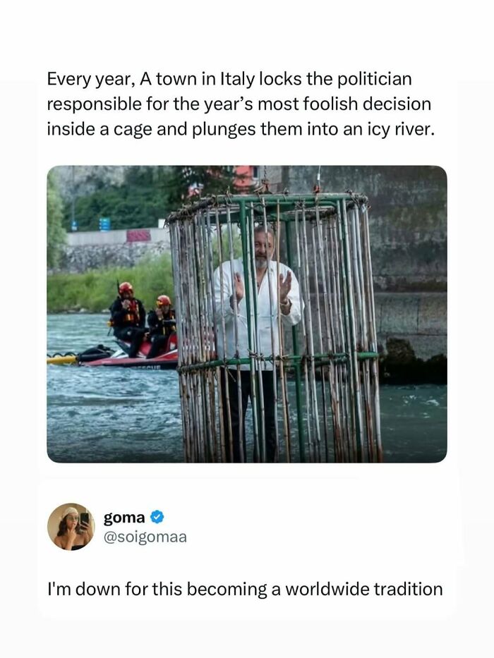 A meme showing a man in a cage being lowered into a river. Caption: Every year, A town in Italy locks the politician responsible for the year's most foolish decision inside a cage and plunges them into an icy river. A tweet from goma: I am down for this becoming a worldwide tradition.
