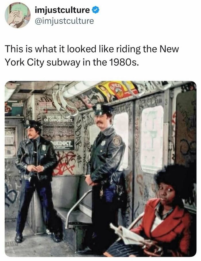 Imjustculture Posts: A tweet displaying two policemen and a woman reading on a graffiti-covered New York City subway in the 1980s.