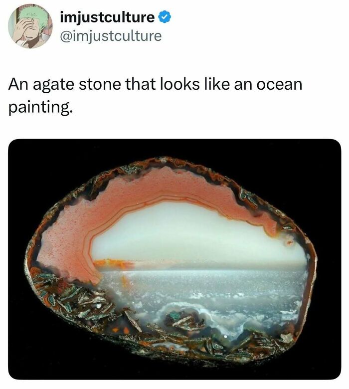 Imjustculture Posts: A tweet featuring an agate stone that remarkably resembles an ocean painting with a horizon.