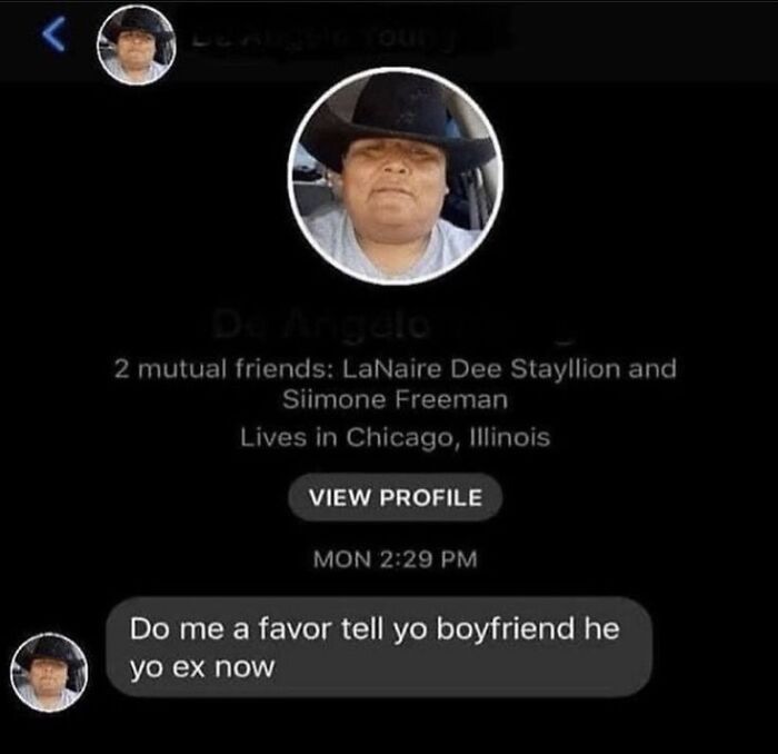 An unfiltered internet screenshot, showing a strange profile and a message telling someone their boyfriend is now their ex.