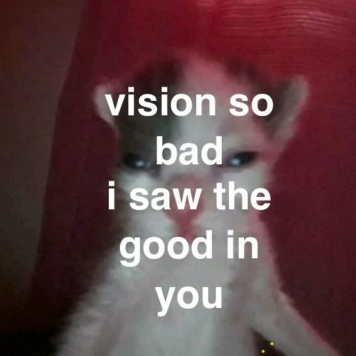A blurry white kitten with red eyes on a red background, expressing a funny, sarcastic expression, a perfect cat meme.
