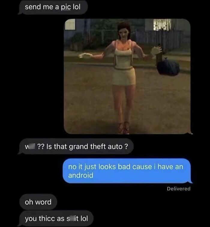 A screenshot of a text conversation about a Grand Theft Auto image, showcasing the strange and unfiltered internet interactions.
