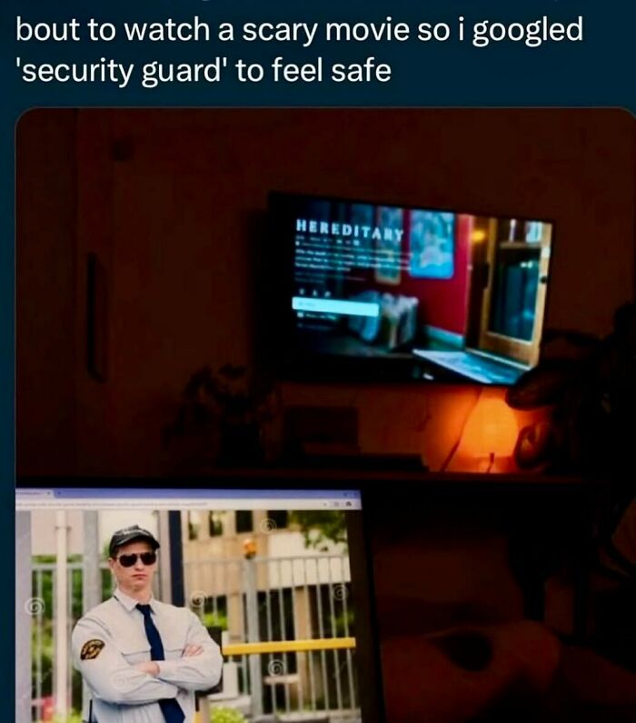 Hilarious meme of someone looking up a picture of a security guard on a laptop to feel safe during a horror movie.