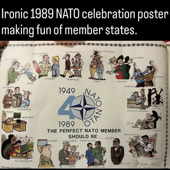 A satirical 1989 NATO celebration poster making fun of member states, showing the past in a unique way