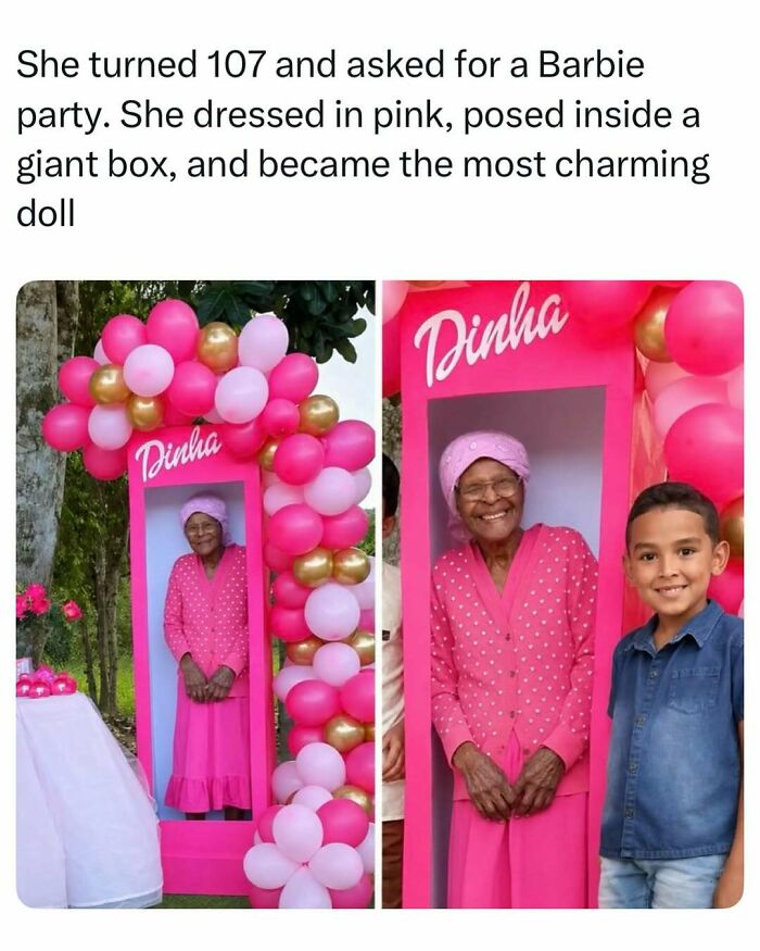 A smiling 107-year-old woman posing in a pink Barbie doll box, representing fascinating stories shared online