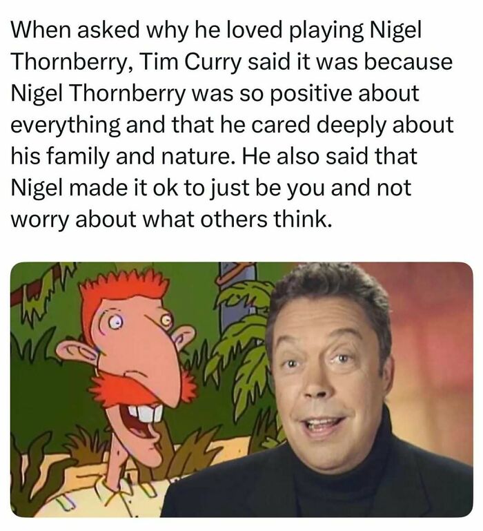 Actor Tim Curry next to cartoon character Nigel Thornberry, an example of fascinating stories.