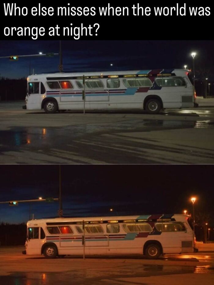 A comparison of a bus under white and orange night lights, showcasing remarkable photos of the past.