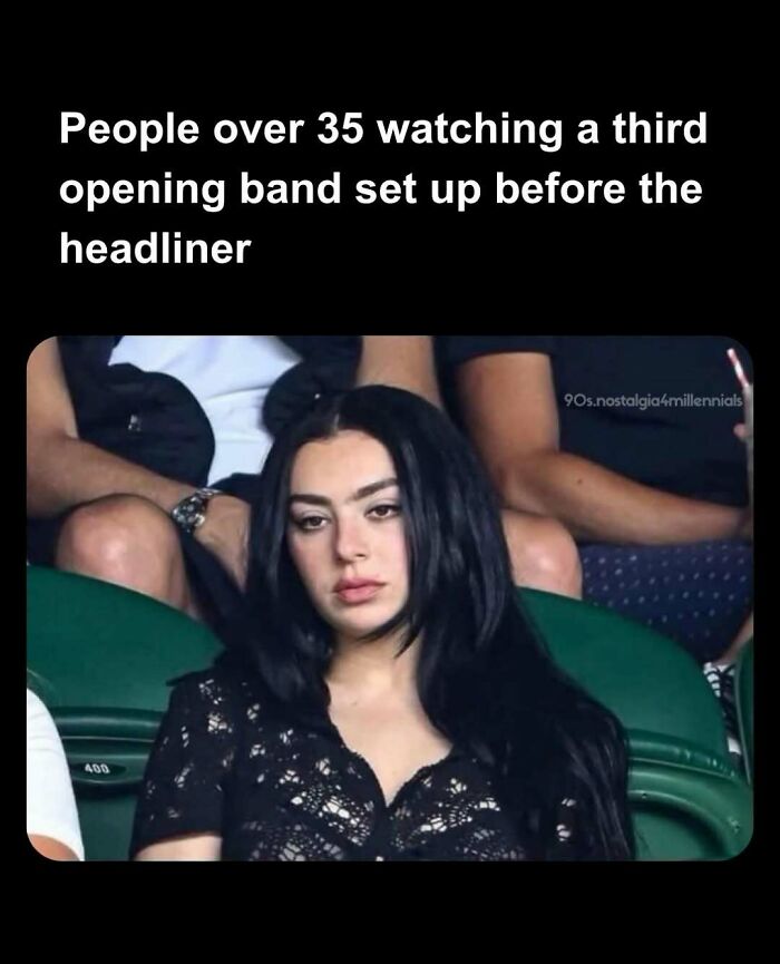Meme featuring a bored woman in stadium seating, capturing nostalgic 90s concert energy.