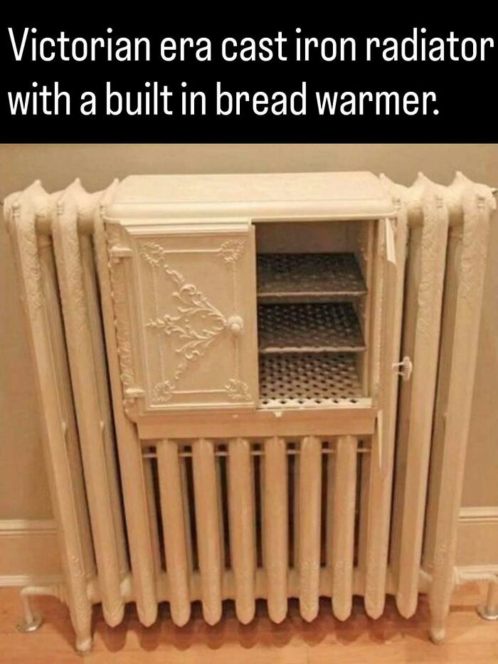 A Victorian era cast iron radiator with built-in bread warmer, a remarkable photo of the past
