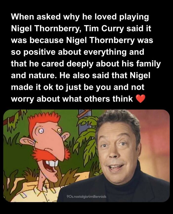 A 90s nostalgic pic showing actor Tim Curry beside his cartoon character Nigel Thornberry