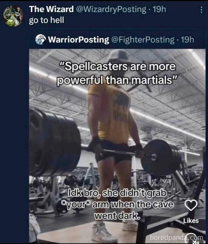 A funny gym-related post about spellcasters versus martials, perfect for ridiculous memes about gaming