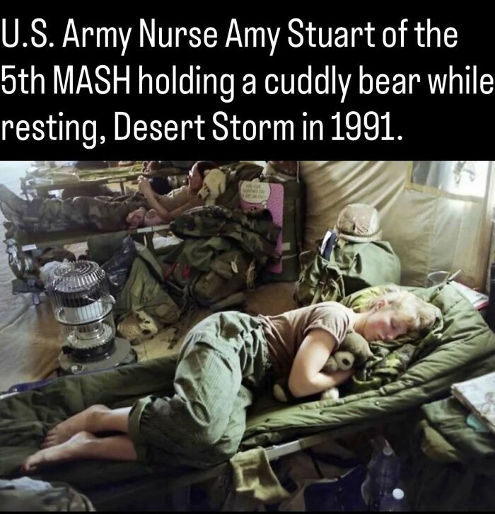 An archival photo of US Army Nurse Amy Stuart resting with a teddy bear, capturing a rare moment from the past.