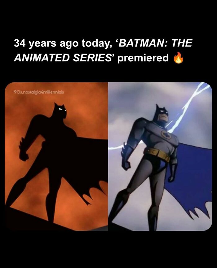 90s nostalgic pics of Batman from the classic animated series with lightning in the background