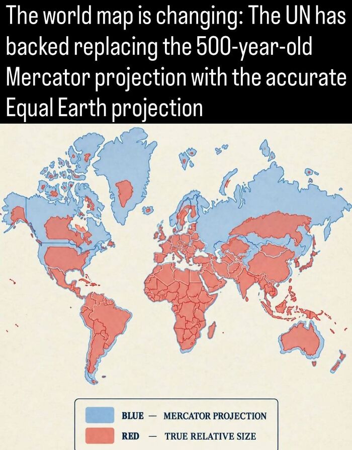 A world map comparing the Mercator projection with true relative land sizes.