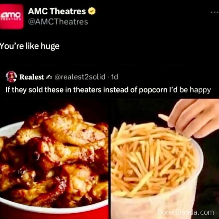 Hilariously ridiculous memes about wanting chicken wings and fries in the movie theater instead of popcorn