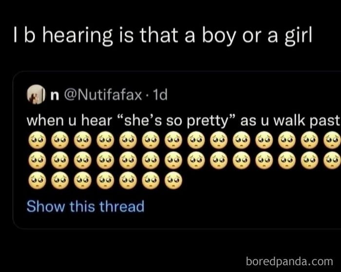 A funny text message post with sad face emojis talking about hearing comments in public.