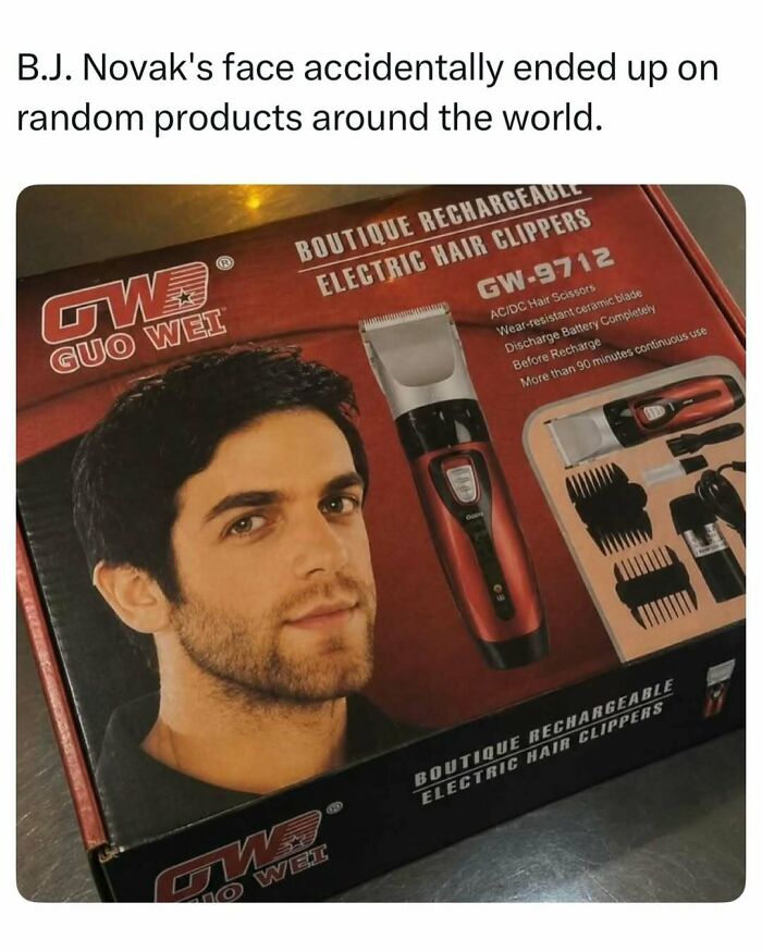 B.J. Novak's face on electric hair clippers packaging, a random find from interesting online stories.