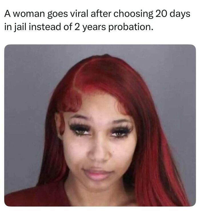 A mugshot of a woman with red hair, representing intriguing and fascinating stories shared across the internet.