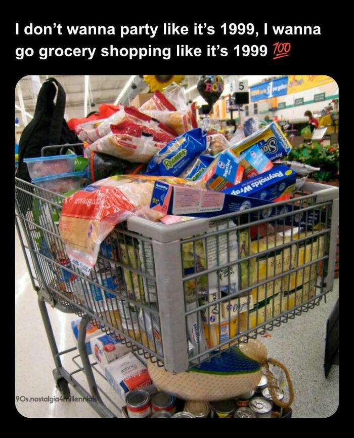A nostalgic 90s shopping cart full of groceries reflecting retro 1990s prices