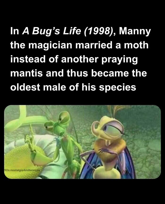Manny the praying mantis and G***y the moth from A Bug's Life movie in a meme with nostalgic pics
