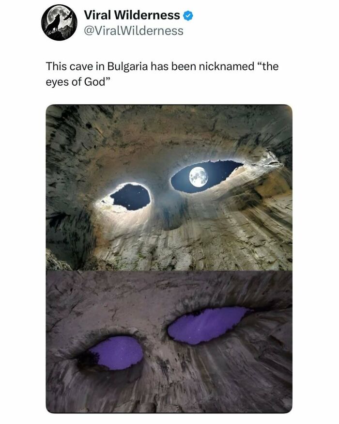 Natural cave openings in Bulgaria resembling eyes under night sky