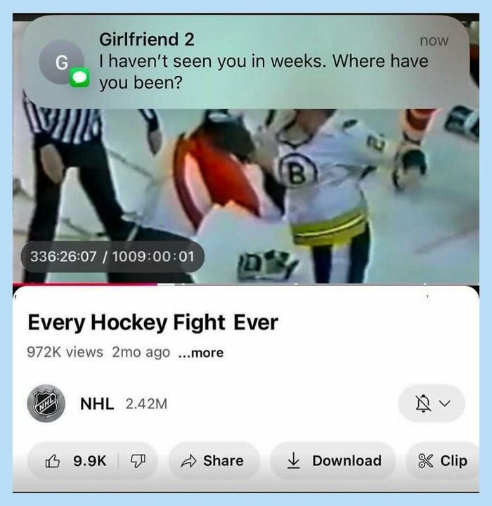 A funny meme showing a notification from 'Girlfriend 2' overlaid on a video titled 'Every Hockey Fight Ever'.