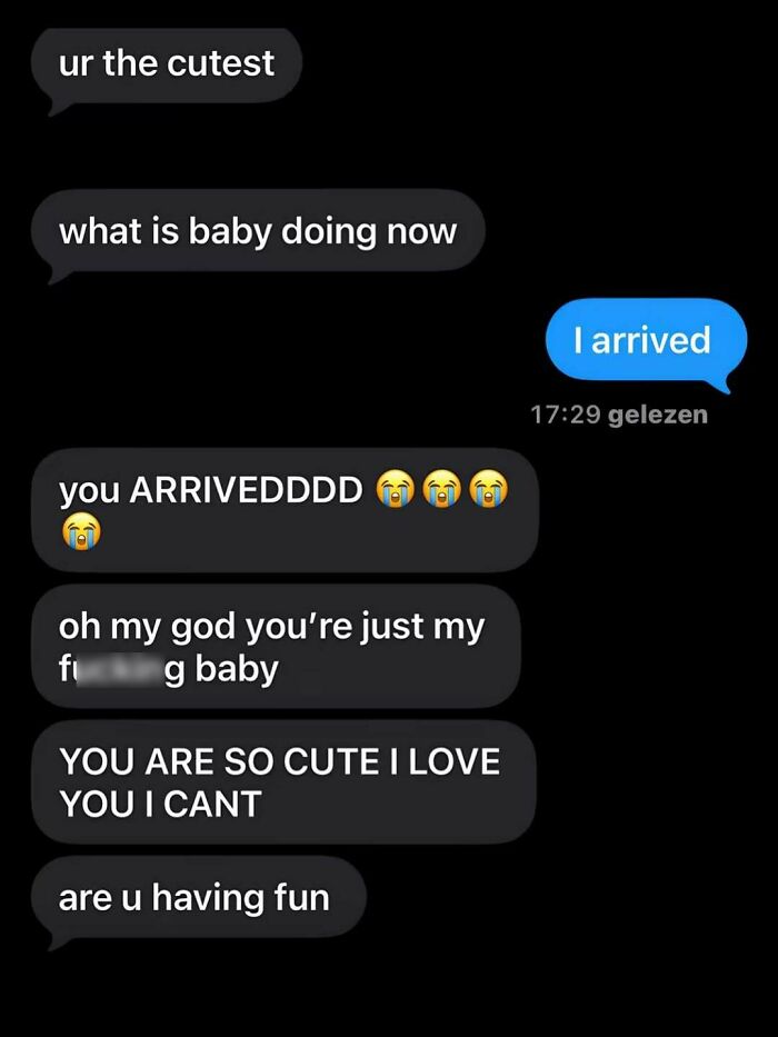 A screenshot of a text message conversation, capturing the internet at its strangest and most unfiltered with over-the-top excitement.