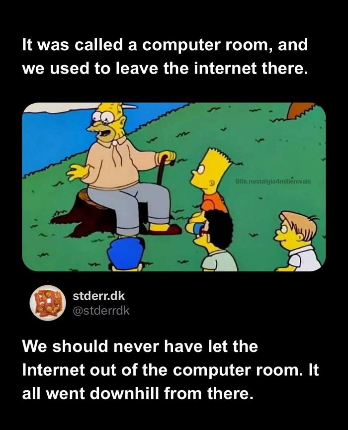 Grandpa Simpson telling Bart Simpson about the computer room in a meme highlighting nostalgic pics