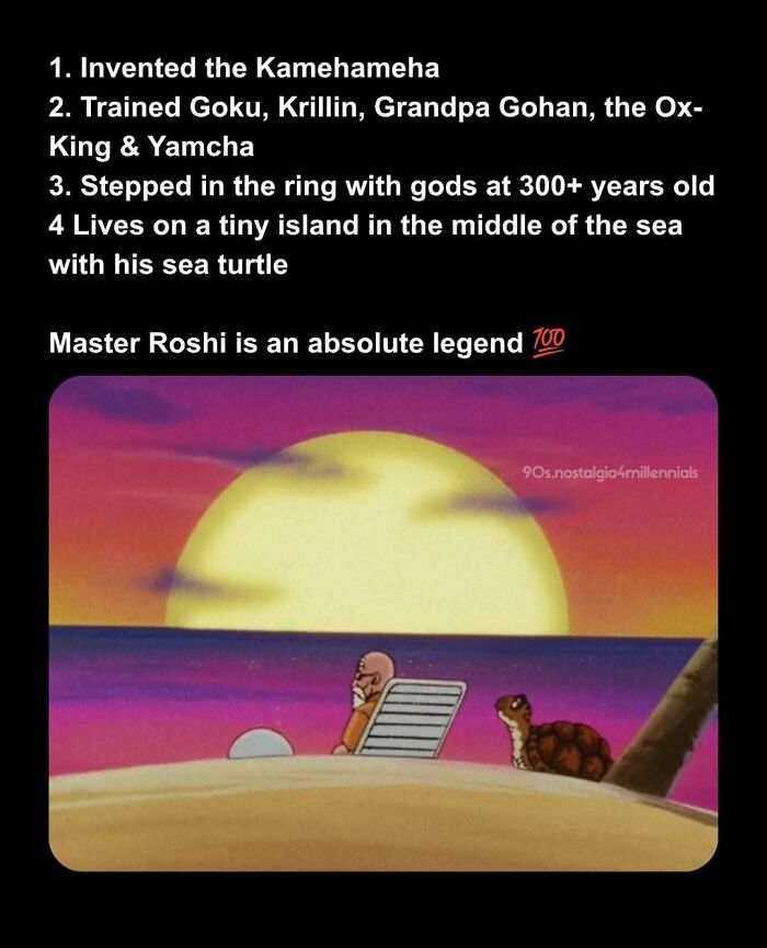 A nostalgic meme about Master Roshi from Dragon Ball Z, perfect for those who grew up in the 90s.