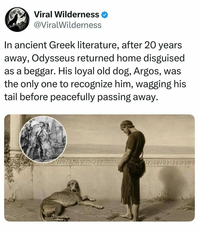 Illustration of Odysseus and his loyal dog Argos from ancient Greek literature