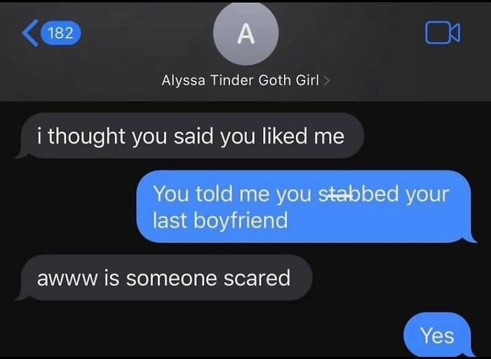 A screenshot of a text conversation where one person says they stabbed their last boyfriend, a strange internet interaction.