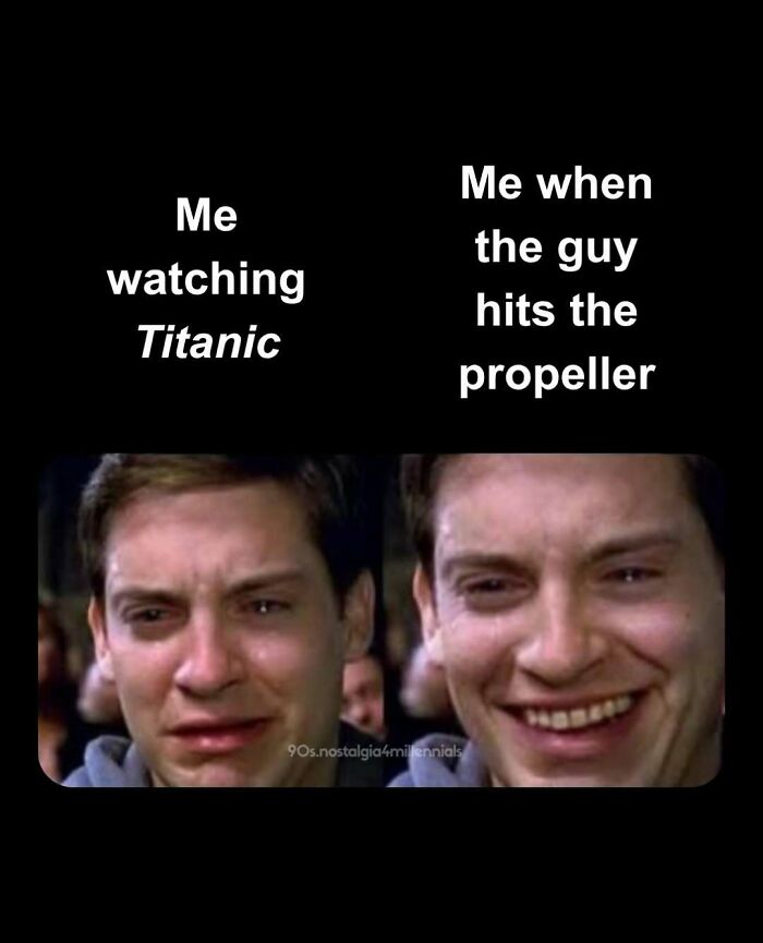 Tobey Maguire meme comparing crying and smiling while watching Titanic, a classic nostalgic 90s movie.