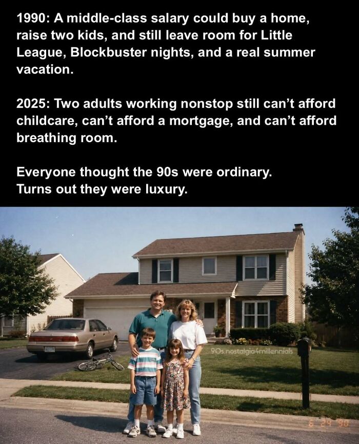 A family posing in front of their suburban home in 1990, bringing back 90s nostalgic pics.