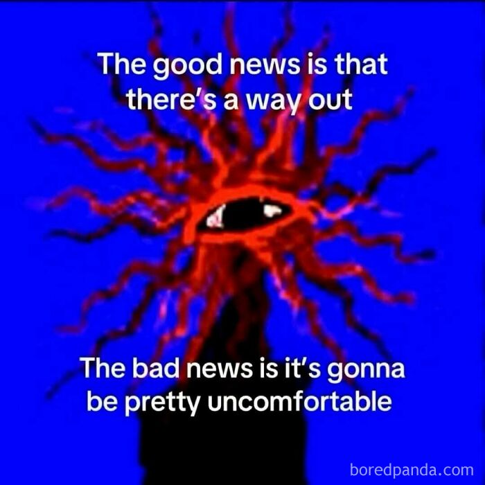 Hilarious memes: Red monster illustration with text on a blue background.
