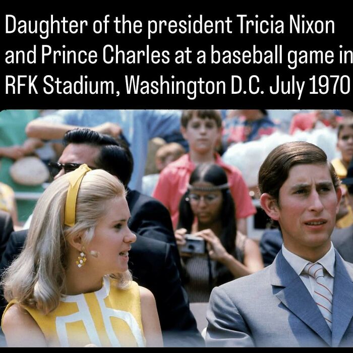 Tricia Nixon and Prince Charles at a baseball game in 1970, showing remarkable photos of the past.
