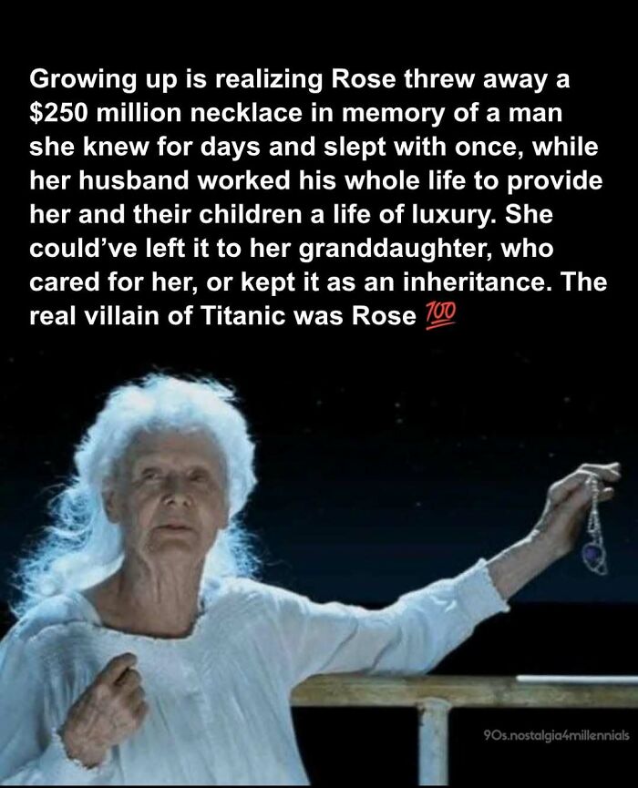 An older Rose holding the necklace from Titanic, bringing back nostalgic pics from 90s cinema.