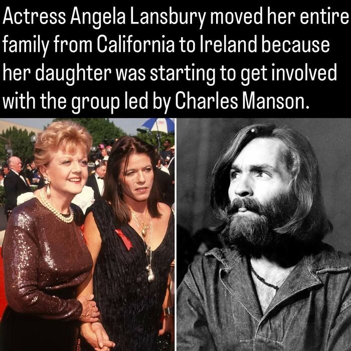 Vintage photos of Angela Lansbury with her daughter alongside a portrait of Charles Manson