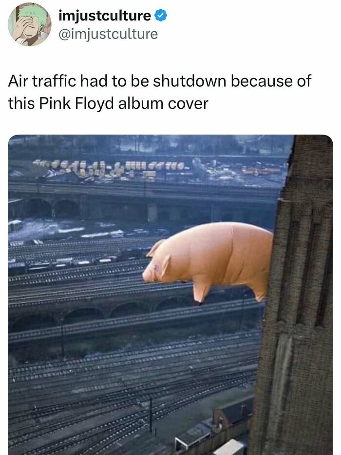An inflatable pig, part of a Pink Floyd album cover stunt, floating above train tracks, causing air traffic shutdown.