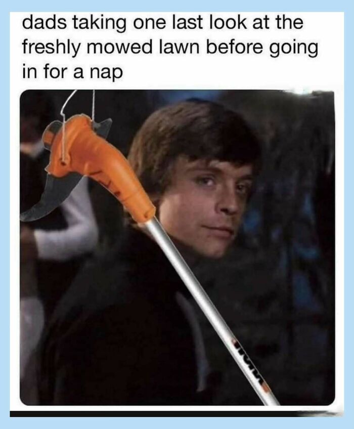 Funny meme of Luke Skywalker as a dad, taking one last look at a freshly mowed lawn with a string trimmer.