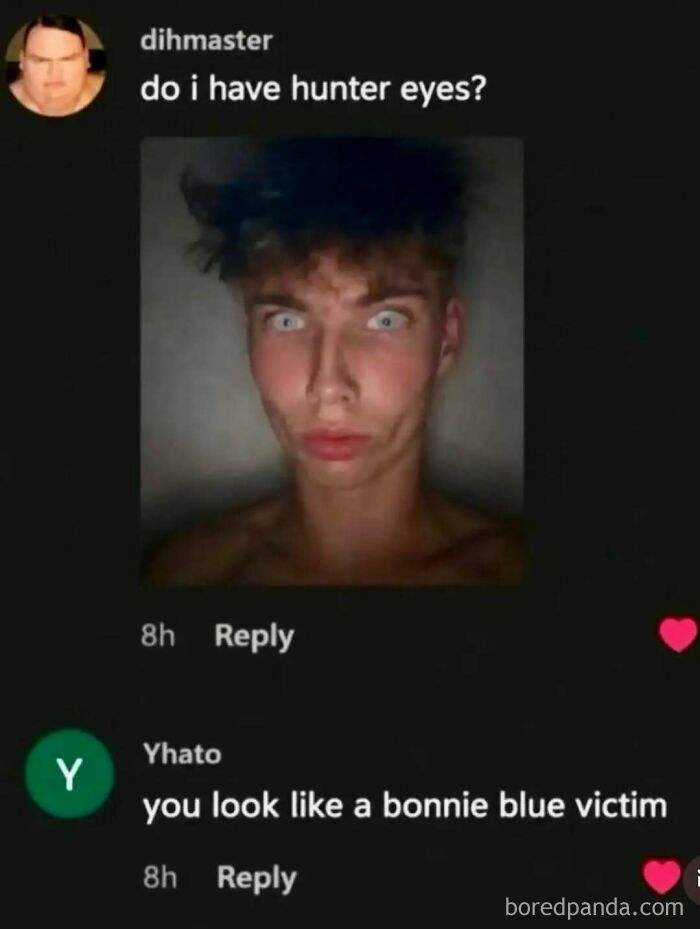 A ridiculous meme showing a selfie of a man and a funny comment comparing him to a Bonnie Blue victim.