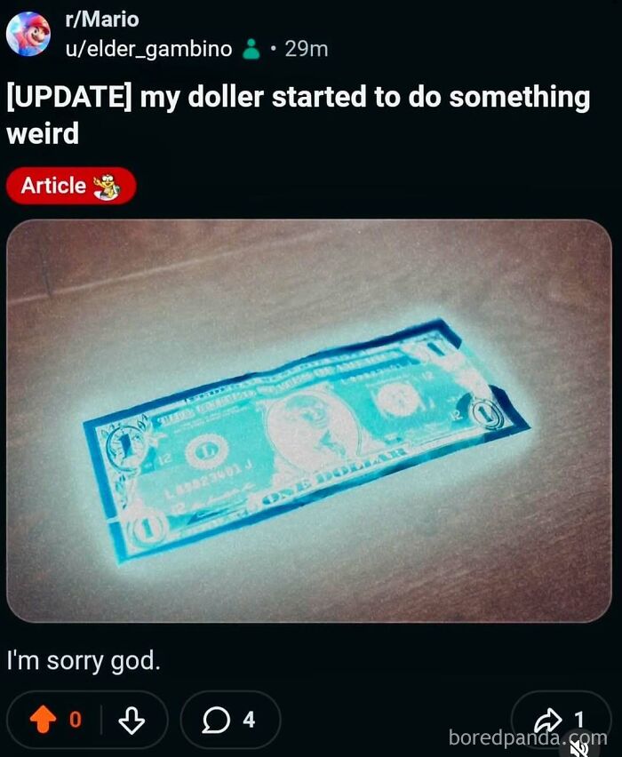 A glowing blue one dollar bill meme shared on a social platform.