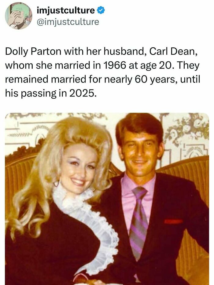 Imjustculture-Posts: Young Dolly Parton and husband Carl Dean smiling for a photo.