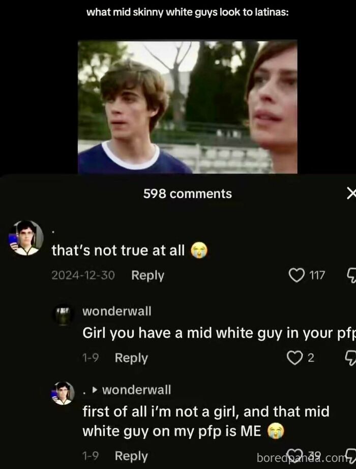 A funny internet comment thread showcasing ridiculous memes about mid skinny white guys
