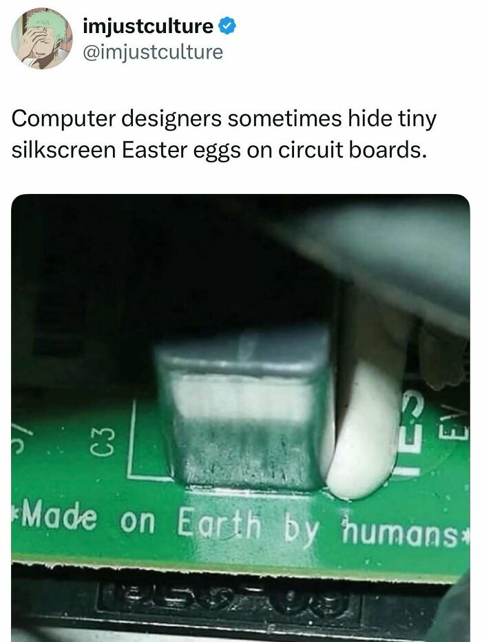 Silkscreen Easter eggs on circuit boards, reading 'Made on Earth by humans'. imjustculture-posts.