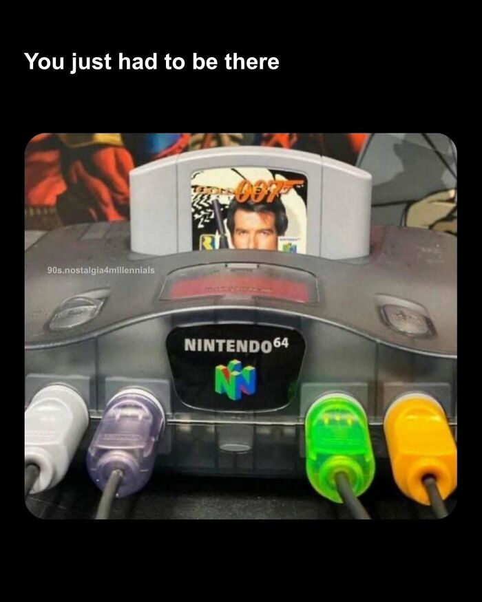 Close-up of a classic Nintendo 64 console with GoldenEye 007, a staple of nostalgic 90s gaming.